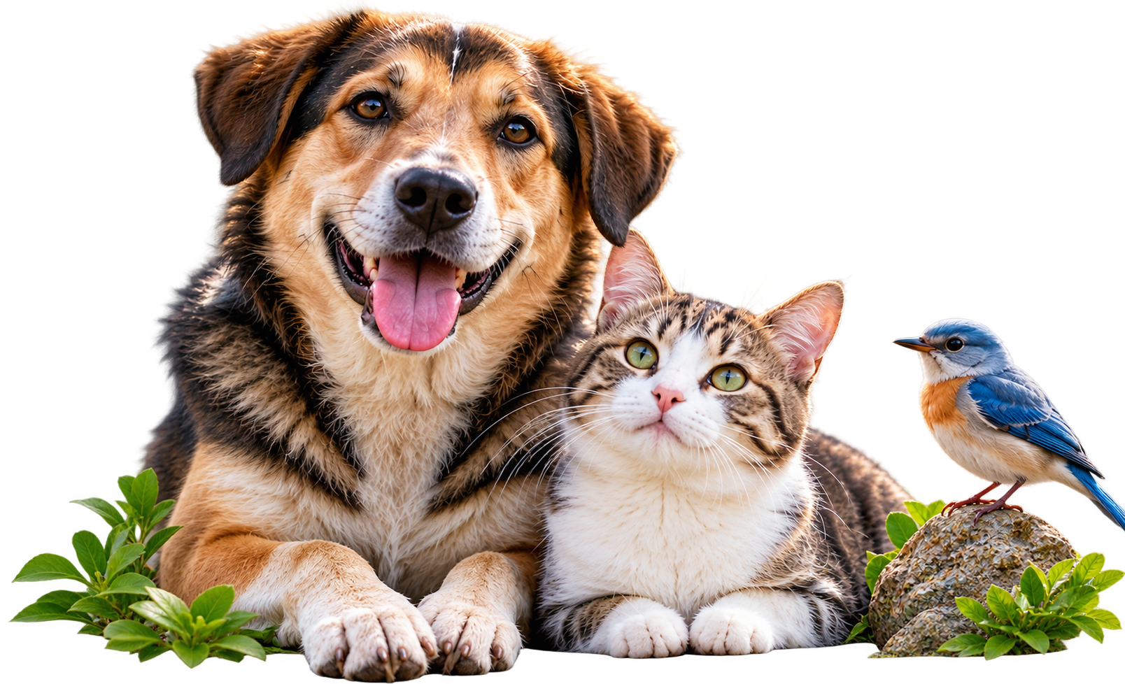 Dog, cat and bird representing the compassionate animal welfare mission of Hope For Voiceless Foundation